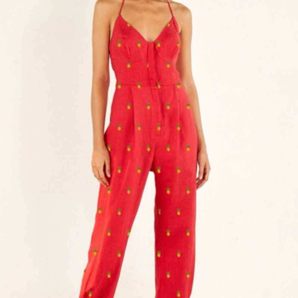 Farm Rio Embroidered Pineapples Red Jumpsuit size L linen blend halter top
